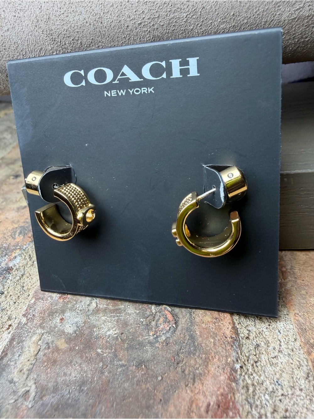 Coach Gold-Tone Textured C Huggie Hoop Earrings - Picture 4 of 6